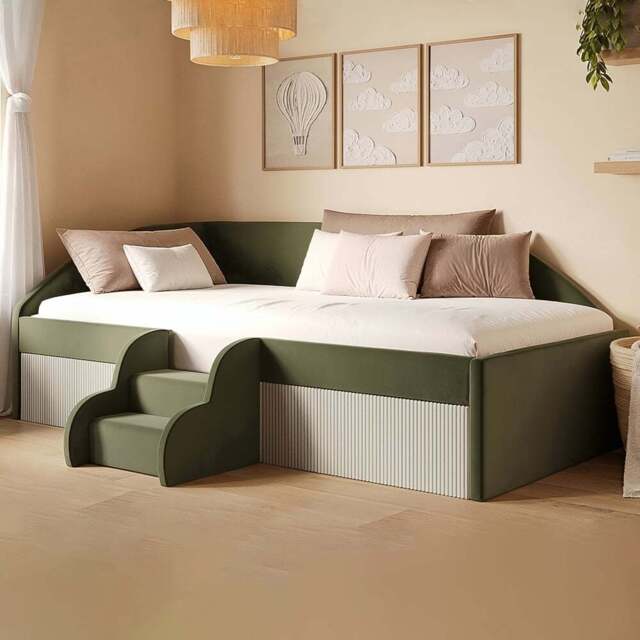 Flair Aviana Olive Green and Beige Velvet and Cord Low Sleeper Bed - Size: 62 x 139 x 201cm - Wilko - image 1