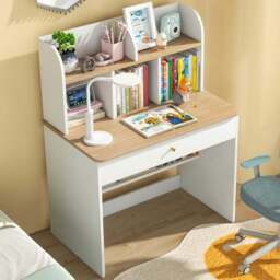 Costway Single Drawer Kids Wooden Study Desk with Hutch White - Size: 80 x 48 x 102cm - Wilko