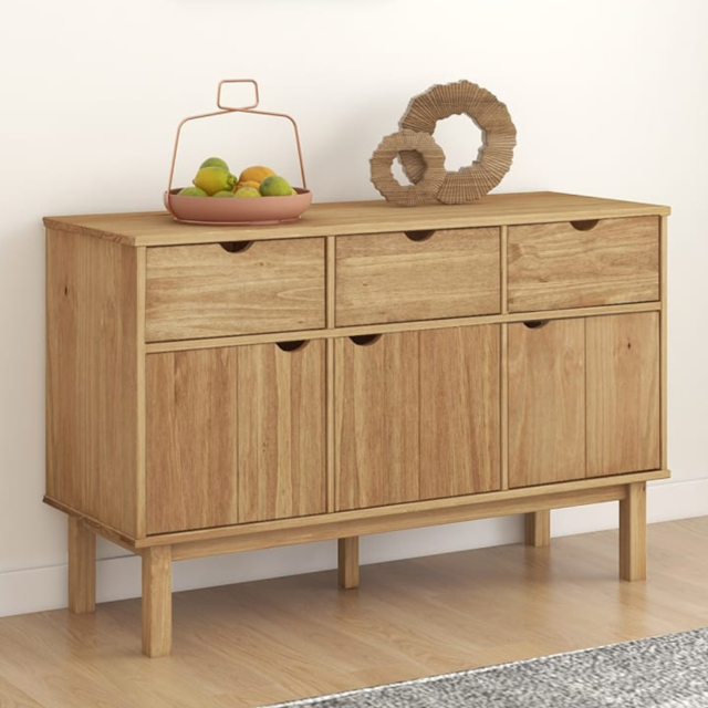 vidaXL Otta 3 Door 3 Drawer Natural Solid Pine Wood Sideboard - Size: 73.5 x 114 x 43cm - Brown - Wilko - image 1