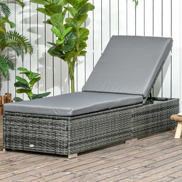Outsunny Rattan Sun Lounger Adjustable - Size: 62 x 22 x 122cm - Grey - Wilko - image 1