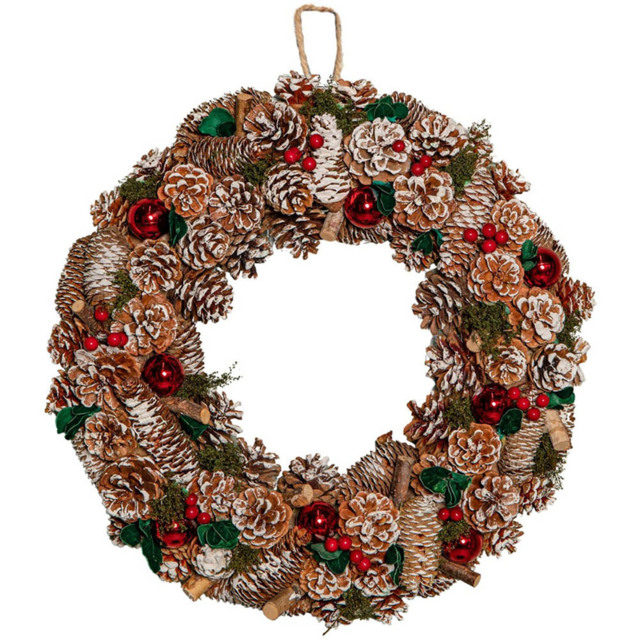 Samuel Alexander YuleFest Christmas Wreath with Baubles and Snow Tipped Pine Cones 50cm - Size: 50 x 7 x 7cm - Multi - Wilko - image 1