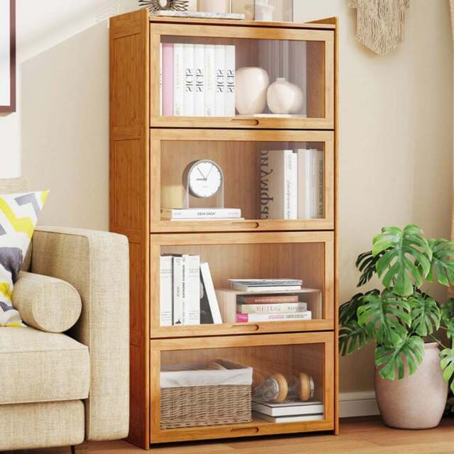 Costway 4 Shelf Natural Bamboo Bookcase with Acrylic Doors - Size: 69 x 34 x 140cm - n/a - Wilko - image 1