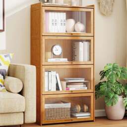Costway 4 Shelf Natural Bamboo Bookcase with Acrylic Doors - Size: 69 x 34 x 140cm - n/a - Wilko