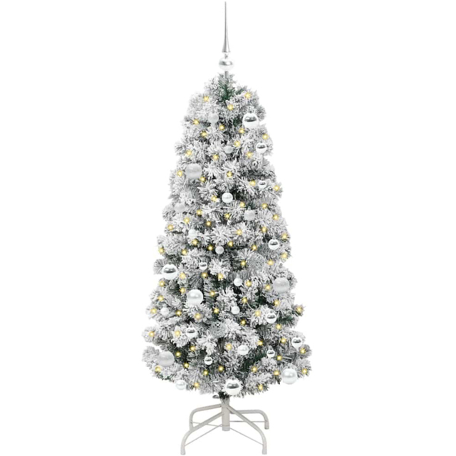 vidaXL Pre-Lit Warm White LED and Silver Baubles Snow Flocked Artificial Christmas Tree 4.9ft - Green - Wilko - image 1