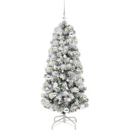 vidaXL Pre-Lit Warm White LED and Silver Baubles Snow Flocked Artificial Christmas Tree 4.9ft - Green - Wilko - thumbnail 1