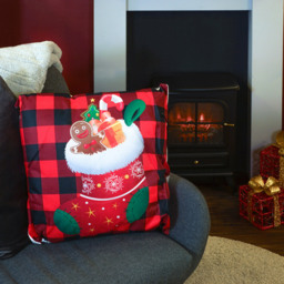 Xmas Haus Christmas-Themed Red Check Stocking Cushion 45 x 45cm - Multi - Wilko - thumbnail 3