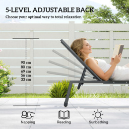 Outsunny Set of 2 Grey 5 Position Backrest Sun Lounger with Side Tray Table - Size: 35 x 190 x 74cm - Wilko - thumbnail 6