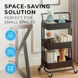 House of Home 3 Tier Black Storage Cart with Wheels - Size: 84.5 x 41.7 x 33.2cm - Wilko - thumbnail 3