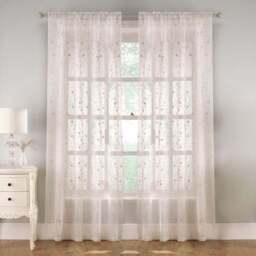 Tyrone Textiles Belle Cream Floral Embroidery Sequins Rod Pocket Voile Panel Curtains 140 x 229cm - Size: W 140 x D 229cm - Wilko - thumbnail 1