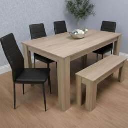 Kosy Koala 6 Seater Faux Leather Dining Bench Set Oak Effect and Black - Multi - Portland - Wilko