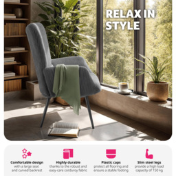 tectake Hygge Wide Corduroy Anthracite and Black Armchair - Size: Single - Grey - Wilko - thumbnail 5