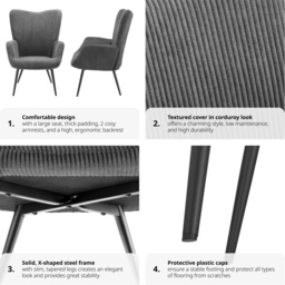 tectake Hygge Wide Corduroy Anthracite and Black Armchair - Size: Single - Grey - Wilko - thumbnail 6