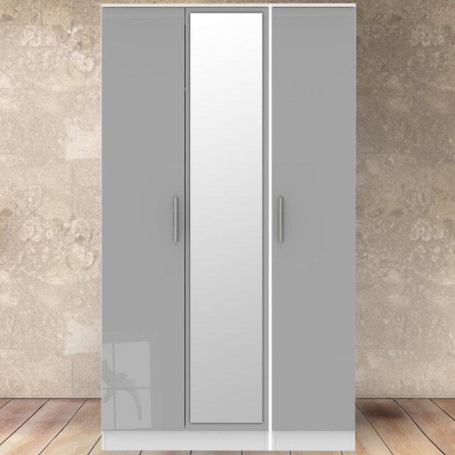 Crowndale Contrast 3 Door Grey and White Matt Tall Mirrored Wardrobe Ready Assembled - Wilko - image 1