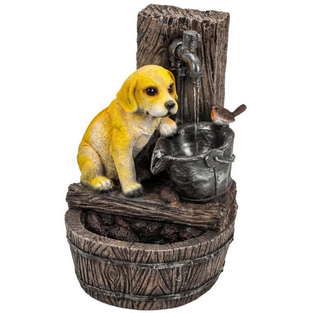 Outsunny Puppy and Bird Rustic Resin LED Garden Water Feature - Size: 56 x 36 x 35cm - Rustic Brown, Yellow - Wilko - image 1