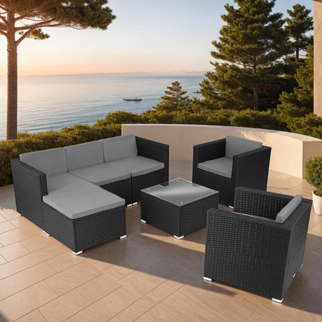 tectake Lignano 6 Seater Black Rattan Garden Lounge Set - Wilko - image 1