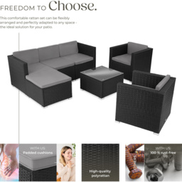 tectake Lignano 6 Seater Black Rattan Garden Lounge Set - Wilko - thumbnail 4