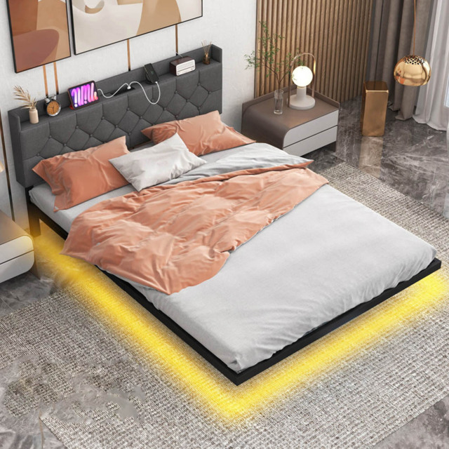 Costway King Size Grey Floating Bed Frame with Charging Station - Wilko - image 1