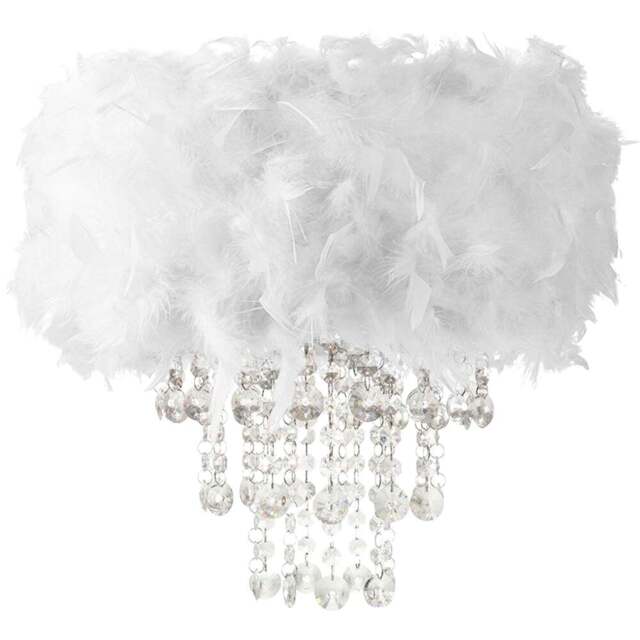 Happy Homewares White Feather Drum Pendant Shade with Clear Acrylic Droplets - Size: 36 x 32 x 32cm - Wilko - image 1