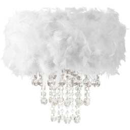 Happy Homewares White Feather Drum Pendant Shade with Clear Acrylic Droplets - Size: 36 x 32 x 32cm - Wilko