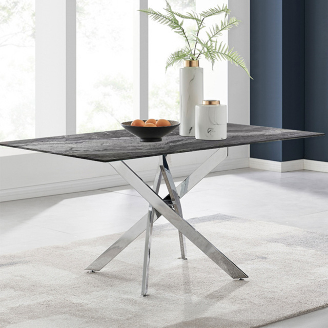 Furniturebox Tavalo 6 Seater Glass Dining Table Marble Effect and Silver - Grey - Wilko - image 1