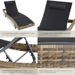 tectake Moana Natural 6 Level Sun Lounger with Removable Pillow - Size: 94 x 69 x 211cm - Brown - Wilko - thumbnail 6