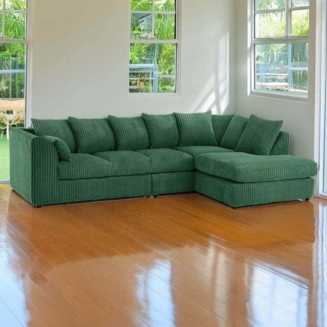 Luxor 4 Seater Green Jumbo Cord Right Hand Facing Scatter Back L Shaped Corner Sofa Set - Wilko - image 1