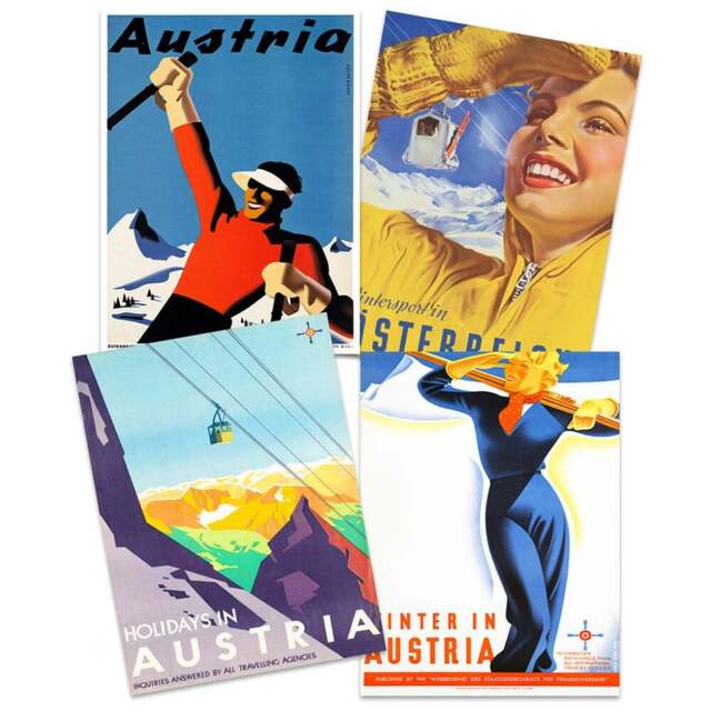 Wee Blue Coo Austria Travel Winter Sport Snow Alps Wall Art Print 30 x 41cm 4 Pack - Size: 40.5 x 30.5 x 0.3cm - Multi - Wilko - image 1