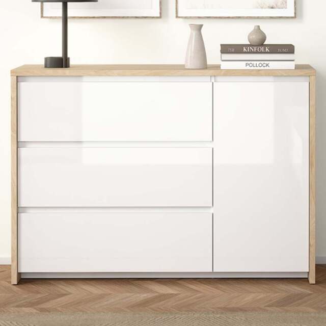 Florence Next Single Door 3 Drawer Jackson Hickory White High Gloss Sideboard - Size: 83.8 x 118.6 x 48.1cm - Multi - Furniture To Go - Wilko - image 1
