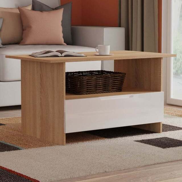 Crowndale Milan Single Drawer Single Shelf White Gloss and Bardolino Oak Coffee Table Ready Assembled - Size: 50 x 93 x 53cm - White Gloss & Bardolino - image 1