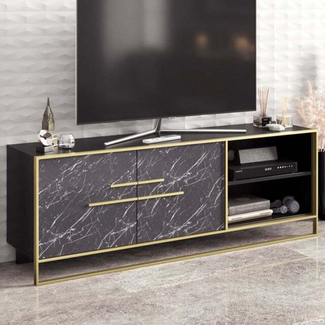 Decorotika Polka 2 Door Black Marble TV Unit - Size: 56.6 x 160 x 38.5cm - Wilko - image 1