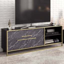 Decorotika Polka 2 Door Black Marble TV Unit - Size: 56.6 x 160 x 38.5cm - Wilko