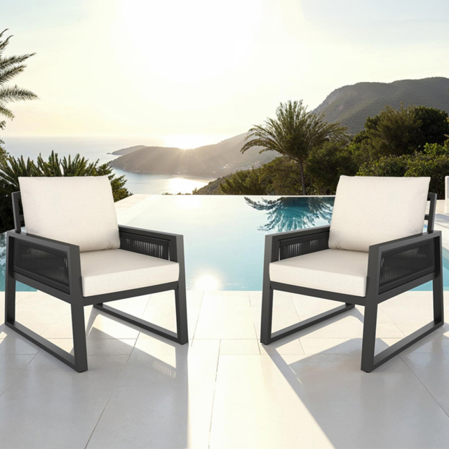 tectake Capri Corded Design Garden Armchair with Cushion Set of 2 - Size: 85 x 67 x 76.5cm - Grey - Wilko - image 1