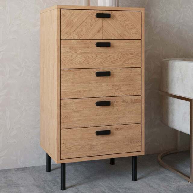 Seconique Leon 5 Drawer Medium Oak Effect Narrow Chest of Drawers - Brown - Wilko - image 1