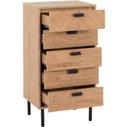 Seconique Leon 5 Drawer Medium Oak Effect Narrow Chest of Drawers - Brown - Wilko - thumbnail 4
