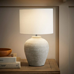 ValueLights Reid Linen Drum Lamp Shade Stone Grey Ribbed Ceramic Small LED Table Lamp - Size: 37.5 x 22 x 22cm - Wilko - thumbnail 7