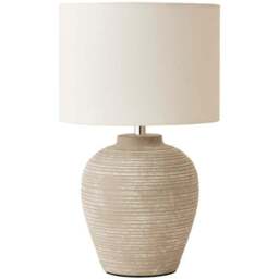 ValueLights Reid Linen Drum Lamp Shade Stone Grey Ribbed Ceramic Small LED Table Lamp - Size: 37.5 x 22 x 22cm - Wilko