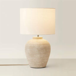 ValueLights Reid Linen Drum Lamp Shade Stone Grey Ribbed Ceramic Small LED Table Lamp - Size: 37.5 x 22 x 22cm - Wilko - thumbnail 4