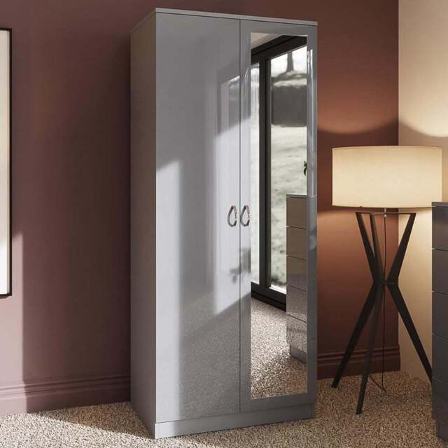 FWStyle Chilton 2 Door Grey Gloss Mirrored Wardrobe - Wilko - image 1
