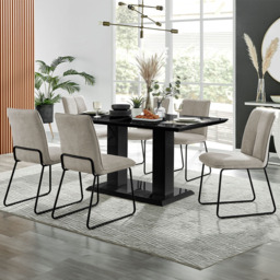 Furniturebox Molini Harley 6 Seater Dining Set Black Gloss and Taupe - Cream - Wilko - thumbnail 1