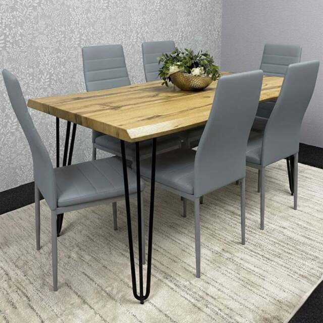 Kosy Koala 6 Seater Faux Leather Wooden Dining Set Grey - Brown - Wilko - image 1