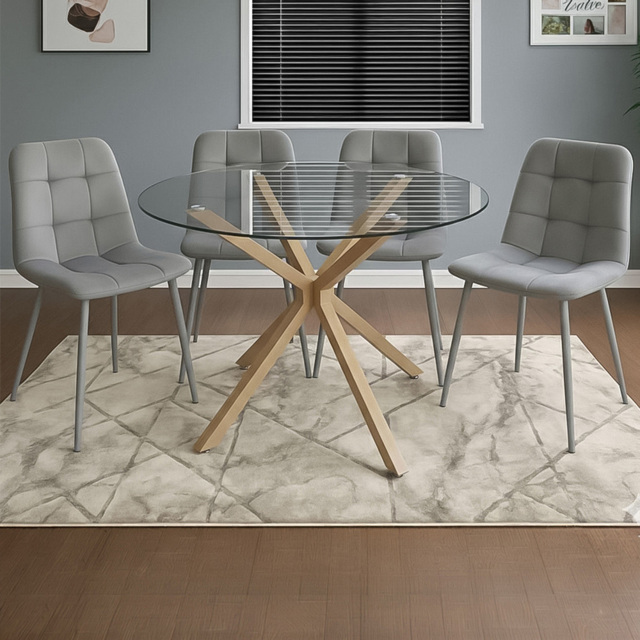 Portland 4 Seater Velvet Tufted Glass Tabletop Round Dining Set Grey - Wilko - image 1