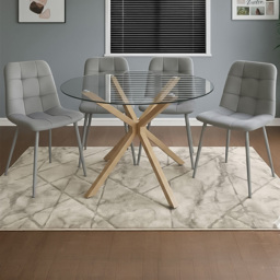 Portland 4 Seater Velvet Tufted Glass Tabletop Round Dining Set Grey - Wilko