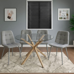 Portland 4 Seater Velvet Tufted Glass Tabletop Round Dining Set Grey - Wilko - thumbnail 4
