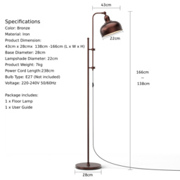 Costway Height Adjustable Industrial Floor Lamp - Size: 82 x 43 x 30cm - Brown - Wilko - thumbnail 6