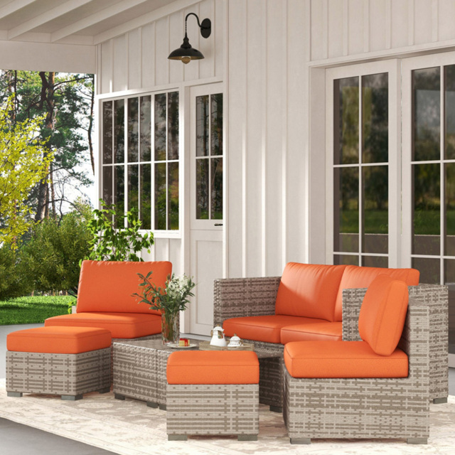 Outsunny 6 Seater Grey and Orange Rattan Sofa Lounge Set - Wilko - image 1