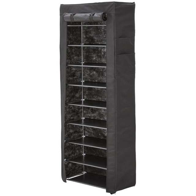 H&O Direct 9 Shelf Black Shoe Cabinet with Roll Up Door and Side Pocket - Size: 160 x 60 x 30cm - Wilko - image 1