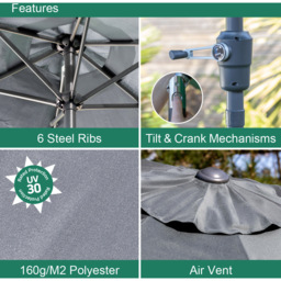 GardenKraft Charcoal 6 Ribs Crank and Tilt Parasol 2.7m - Grey - Wilko - thumbnail 6