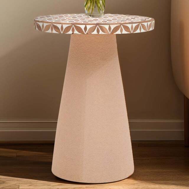 IH Design Acacia Wood Inlay Floral Round Side Table - Size: 47 x 36 x 36cm - Brown - Wilko - image 1