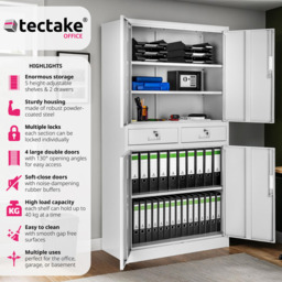 tectake Cosmo 4 Door 2 Drawer Light Grey Lockable Filing Cabinet - Size: 180 x 40 x 80cm - Wilko - thumbnail 7