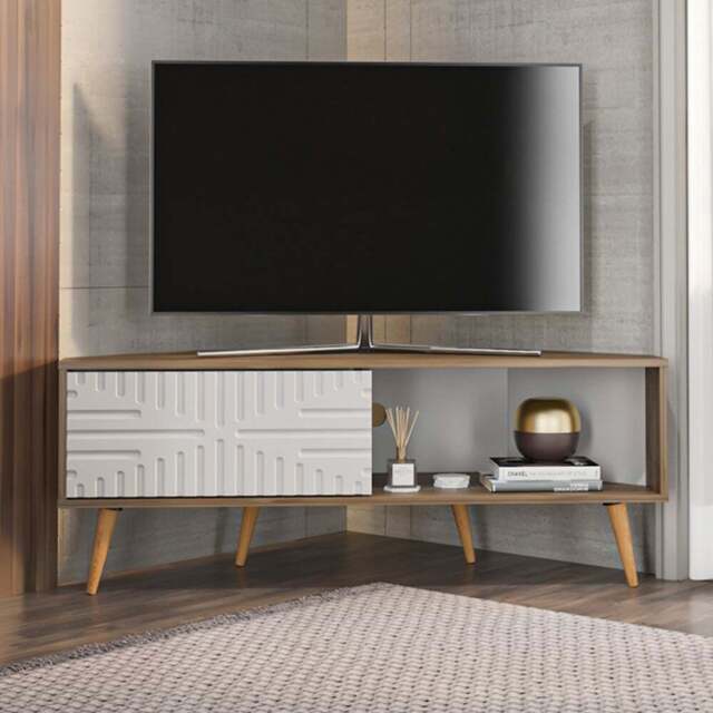 Decorotika Mora Single Sliding Door Walnut and White Corner TV Unit - Size: 54 x 140 x 45cm - Multi - Wilko - image 1